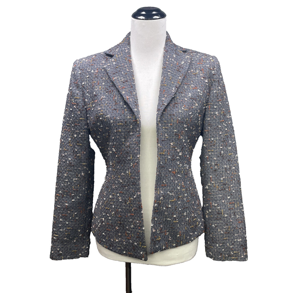 Vtg 90’s Banu Paris Womens 4 Gray w/Multicolored Specks Tweed Blazer Open Front
